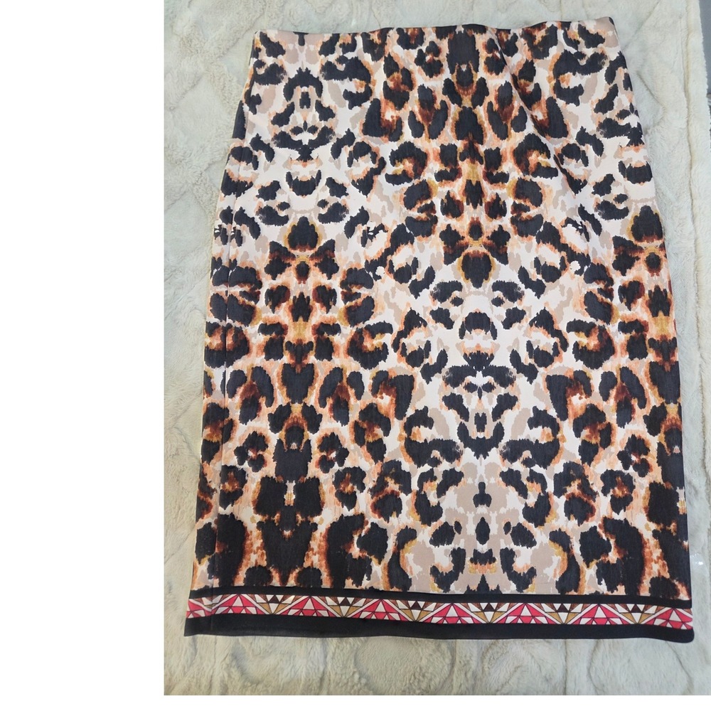 ECI New York Leopard Print Pencil Skirt Geometric Hem Brown Tan Size L
